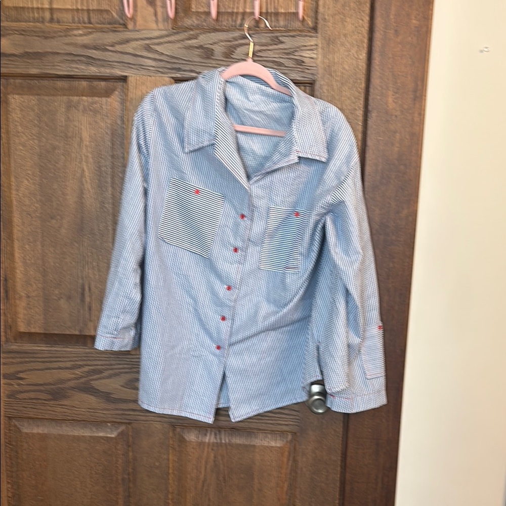 Striped Button-Up Shirt with Red Accents